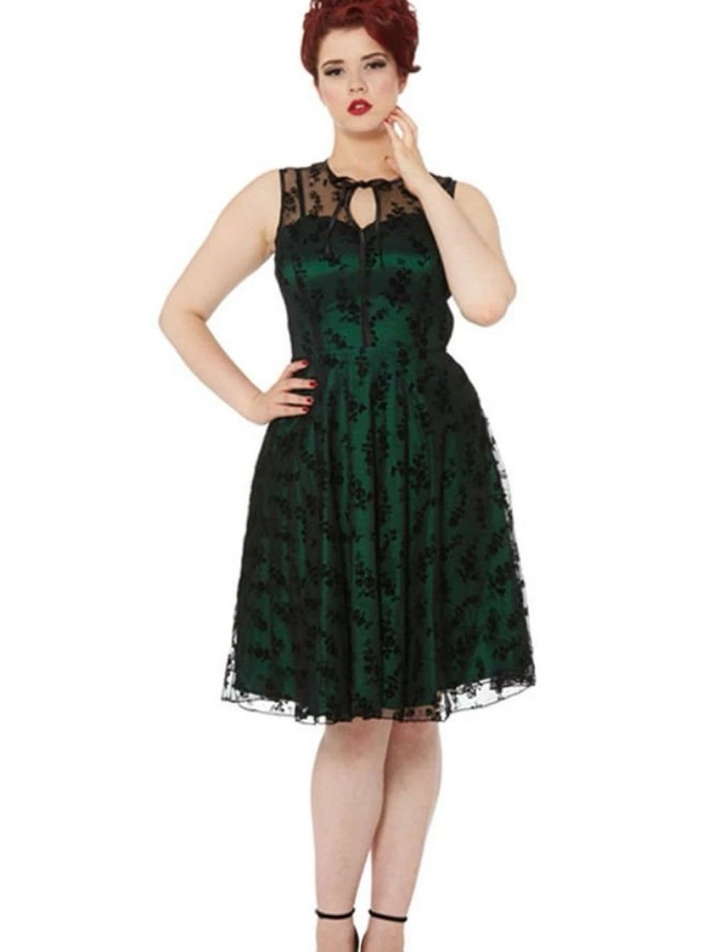 Pinup rare boutique collectible Lace Fit-&-Flare Dress with Sheer Yoke tie